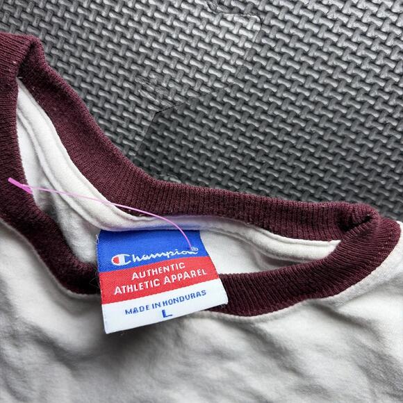 Vintage Champion White Blank T-Shirt Size Large USA 80s 90’s Maroon Sleeve VTG￼ - Picture 3 of 7